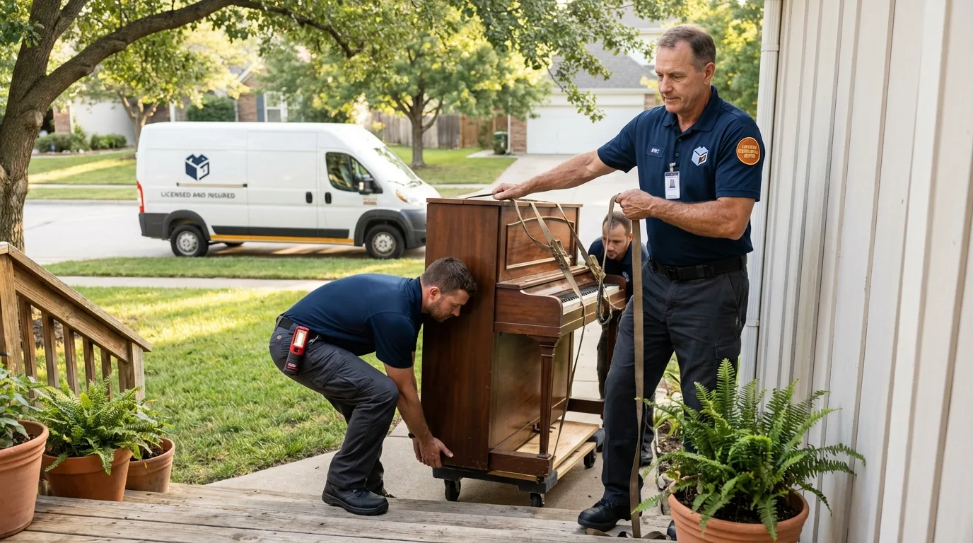 Licensed piano movers securing grand piano in Dracut, MA