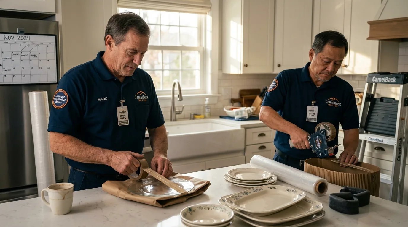 Professional crew packing kitchen dishware in Dracut, MA